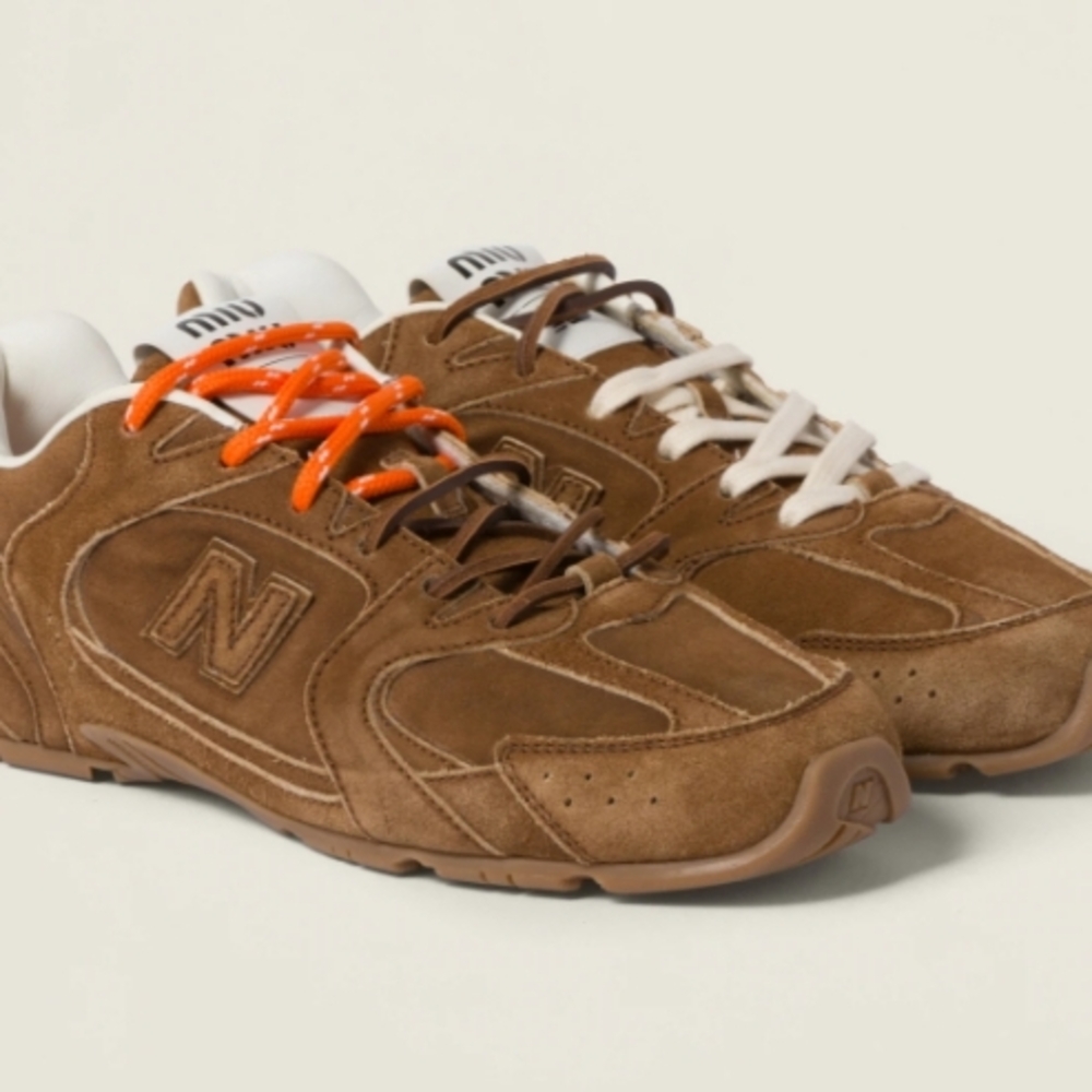 Miu Miu Men’s Brown Suede Sneakers with Orange and Cream Laces